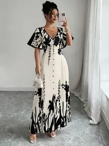 Women's V-neck cinched-waist maxi dress with black-and-white botanical print, suitable for vacations, seaside & island trips, urban strolls, afternoon tea, weddings, banquets, parties, dates, art exhibitions and gatherings