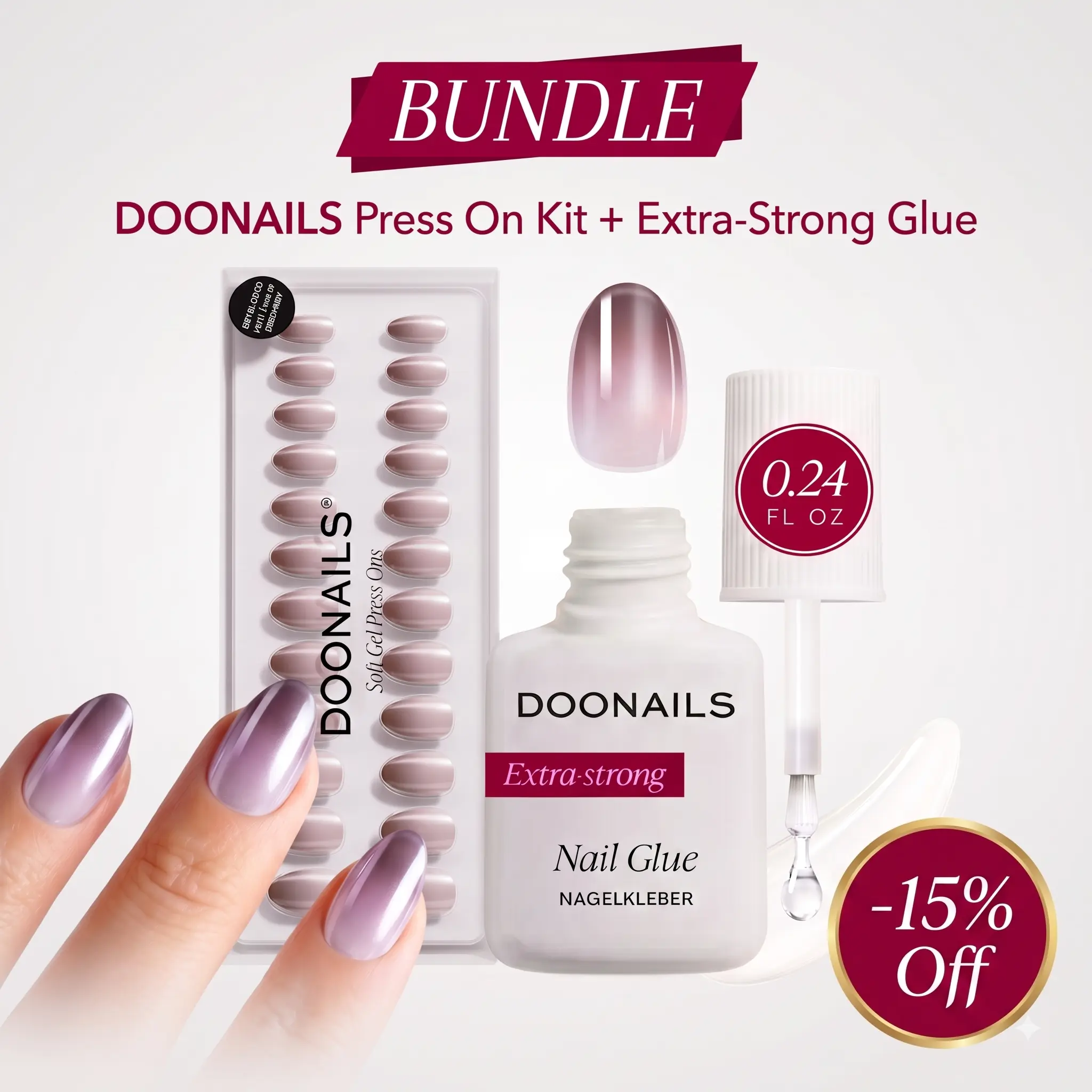 DOONAILS Press-On Nails Statement Collection + Brush-On Nail Glue – Reusable Fake Nails Kit, 30 Pcs in 15 Sizes, Precision Brush Glue for up to 14 Days of Wear