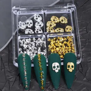 Punk Style Halloween Nail Art Decorations, Skull Rivet Metal Accessories for Women & Girls, Dark Gothic Design, Metallic Finish