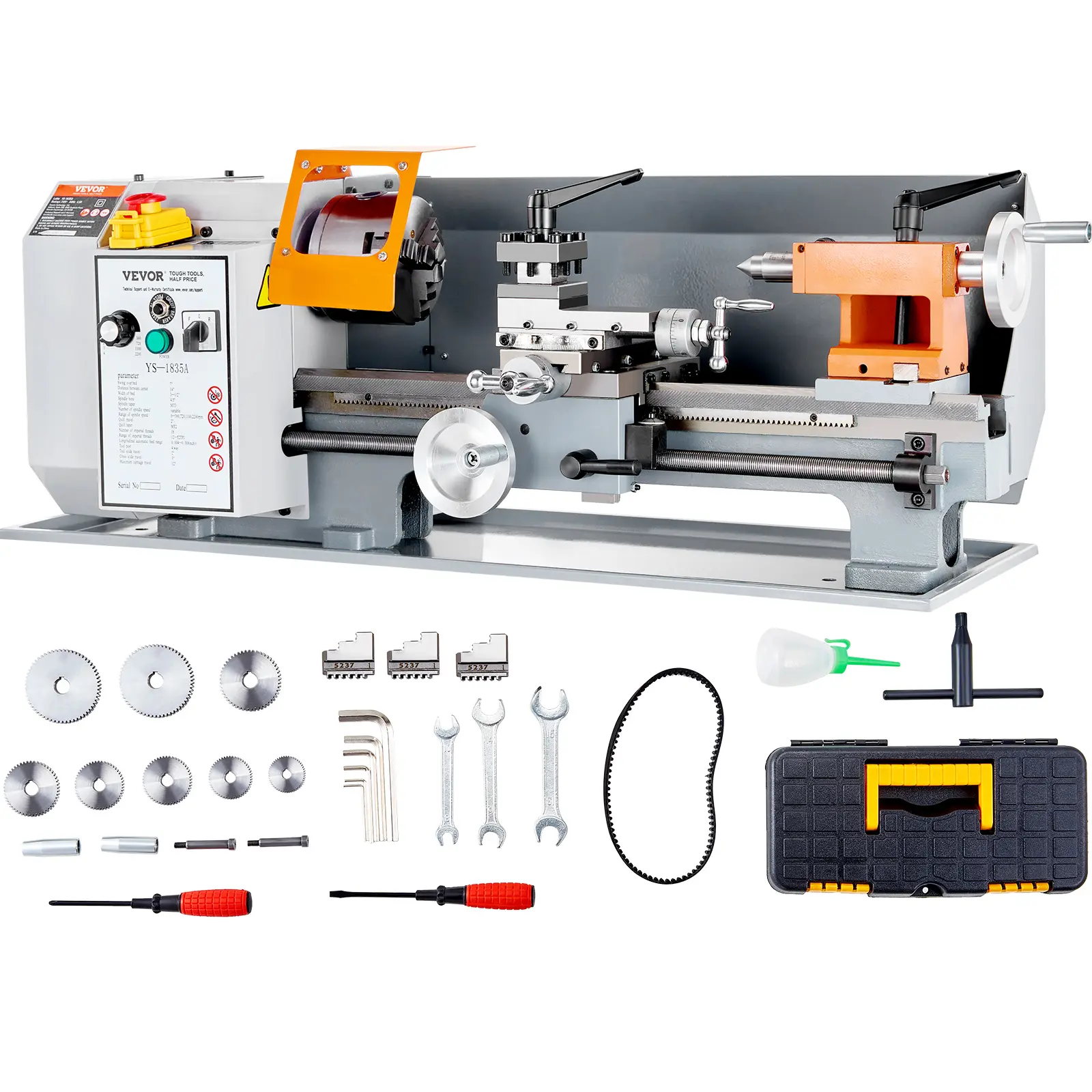 VEVOR Heavy Duty Benchtop Metal Lathe Power Tool, 7in x 13.78in, 500W Brush Motor, 0-2200 RPM Variable Speed, Durable Metal Gears, Quick-Lock Secure Locking, Digital Rotating Surfaces, Overload Safe, 12-52 TPI, Includes Tool Box for Precise Parts, Power T