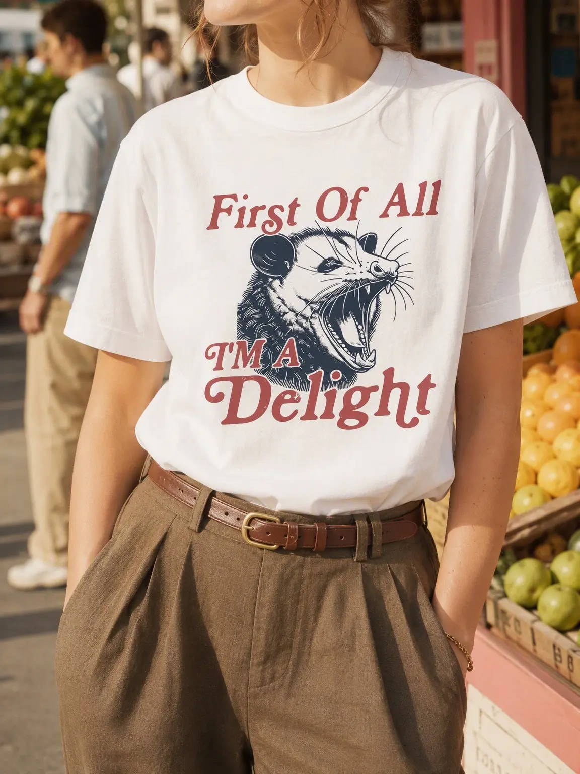 Funny Possum Graphic T-Shirt for Men, "I'm a Delight" Vintage Quote, Casual Baggy Cotton Top with Seamless Shortsleeve, Fit, Elastic, Foldable, Machine Wash