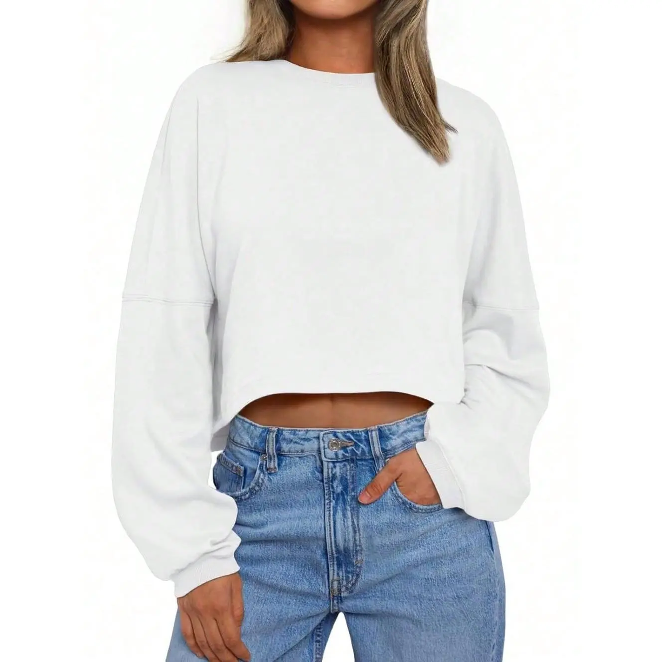 Women’s Cute Basic Oversized Long-Sleeve Cropped Y2K Sweatshirt, Simple Loose-Fit Pullover Tops for Gym, Streetwear, Everyday Wear