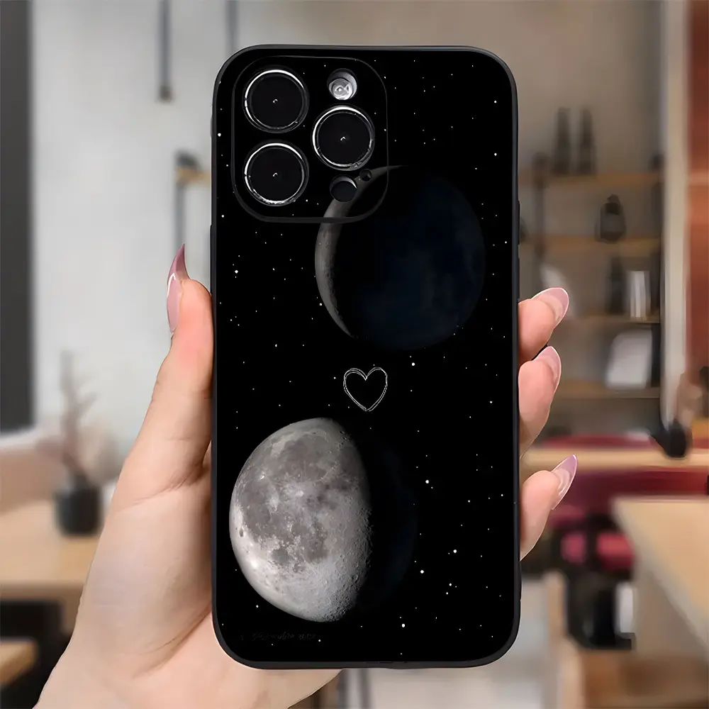 Soft Silicone Smartphone Cover for iPhone 16,15 Pro Max Plus,14,13,12,11,X,XR - Moon Heart Starry Night Aesthetic Pattern, Rugged Durable Shockproof Anti-Scratch Handheld Device Accessory, Protection