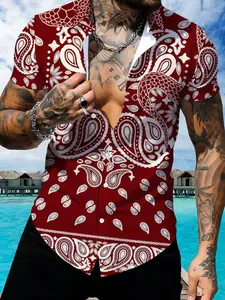 Men's Red Print Short Sleeve Shirt, Summer Casual Beach Vacation Fashion Top, Multi-Color Pattern Design