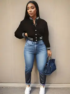 Women's Plain Contrast Binding Button Front Crop Long Sleeve Fitted Jacket, Casual Pocket Mock Neck Outerwear, Ladies Spring Clothes For Daily Wear, Back To School Outfit, Birthday Gifts