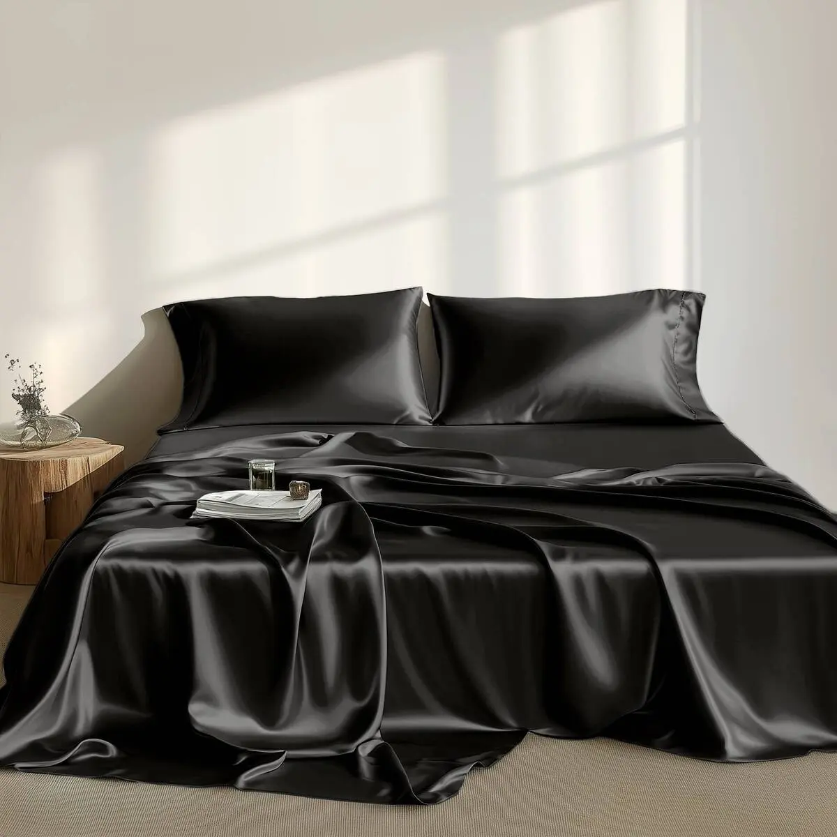 6 Piece Satin Sheet Set, Elastic 14" Pocket fits up to 16" Mattress, All Around Elastic