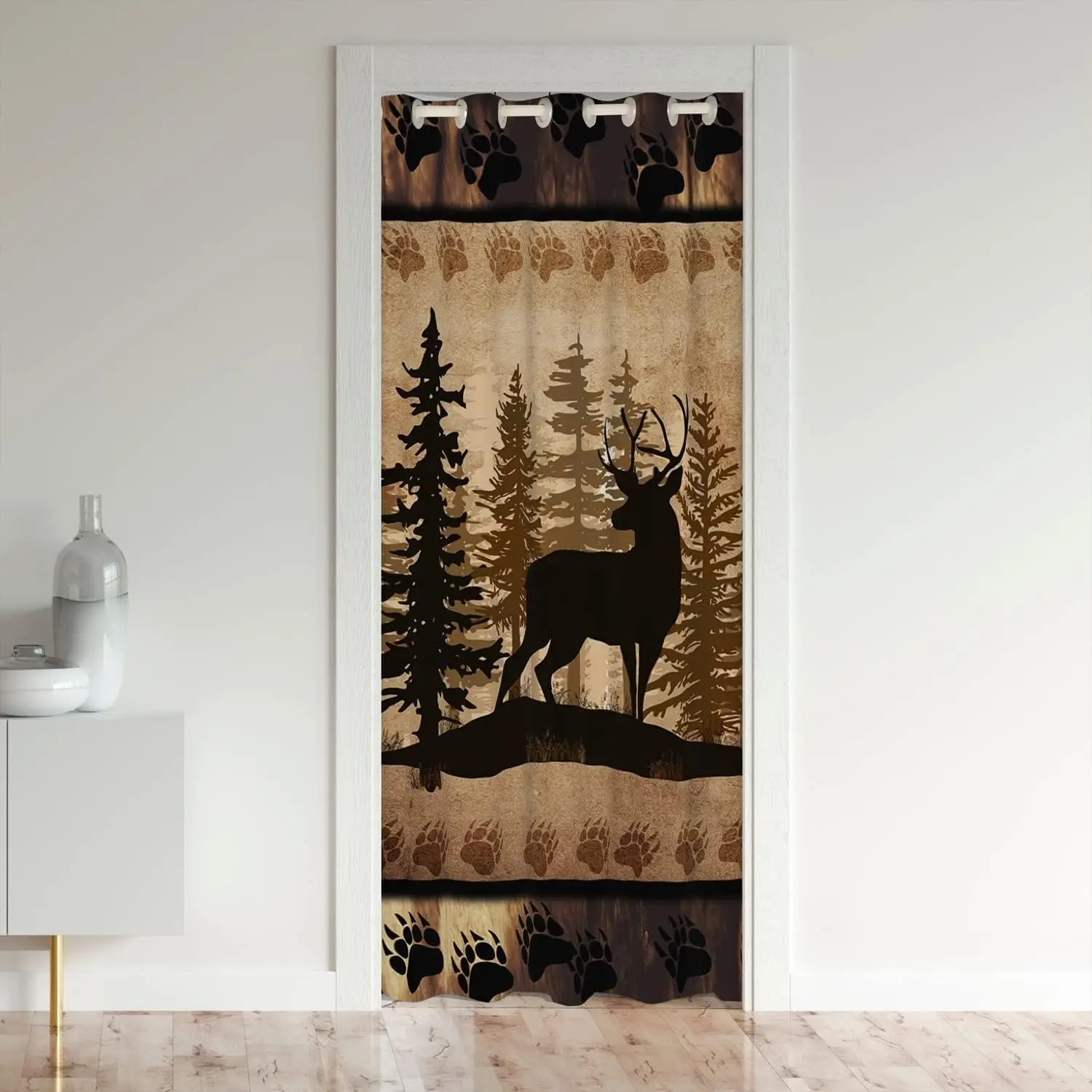 Feelyou 30%-50% Blackout Privacy Grommet Thermal Insulated Door Curtain, 42"x80" Deer Hunting Themed Curtain with Bear Paw Print & Tree Pattern for Closet, Privacy Grommet Curtains, Thermal Insulated Curtain