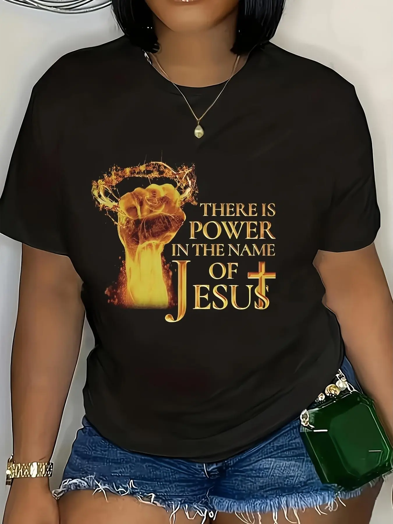 Women's 100% Cotton Knit Short-Sleeve Round Neck Tshirt - Loose Casual Top with "There Is Power In The Name Of Jesus" Crown Thorns Fist Chest Graphic, Christian Faith Religious Inspirational Soft Breathable Summer Gift, Non-Washed Fabric