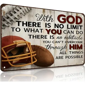 8x12 in Metal-Toned Decorative Home Sign with Inspirational Football Quote "With God There Is No Limit" - Man Cave, Boys Room Decor, Decorative Home Signs, Metal-Toned Home Signs