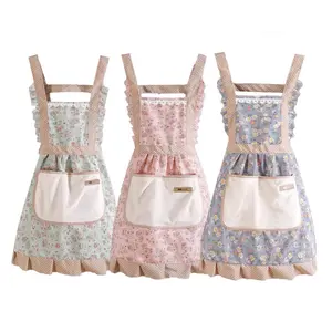 Cute Floral Aprons for Women with Pockets & Hand Wiper 3 Pack Pink Blue Green 75x70cm Durable Polyester Perfect for Baking Cooking Home Use Flower Set Gift Kitchen