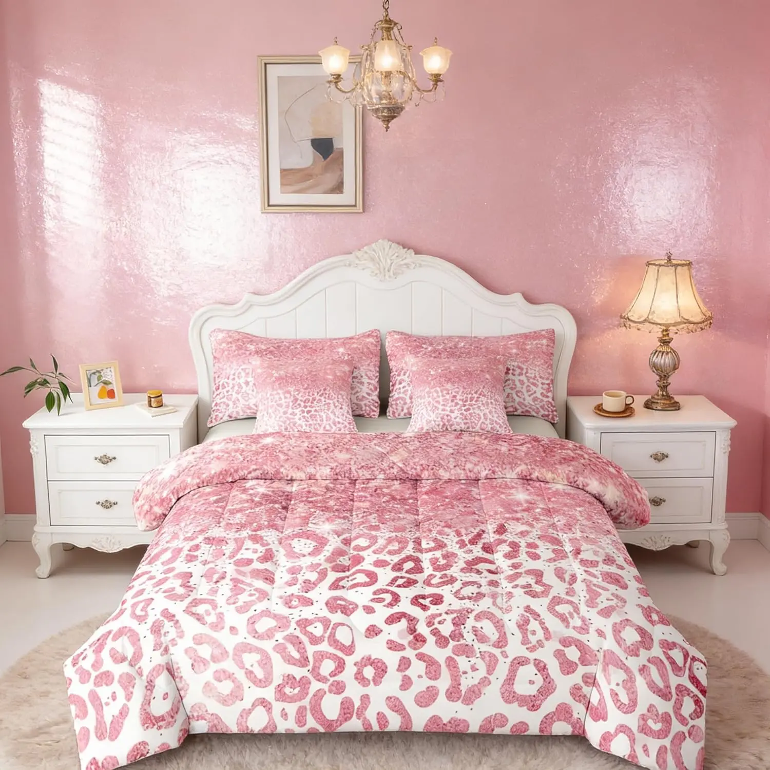 Glitter Leopard Print Comforter Set with Sheets Pink Leopard 7 Pieces Bedding Set Fashion Cheetah Bed in a Bag Room Decor Soft Lightweight Microfiber