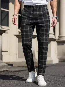 Men's Fashion Slim Fit Long Pants, Plaid Suit Pants, Casual Elastic Waist Pants, Comfortable and Stylish Men's Clothing