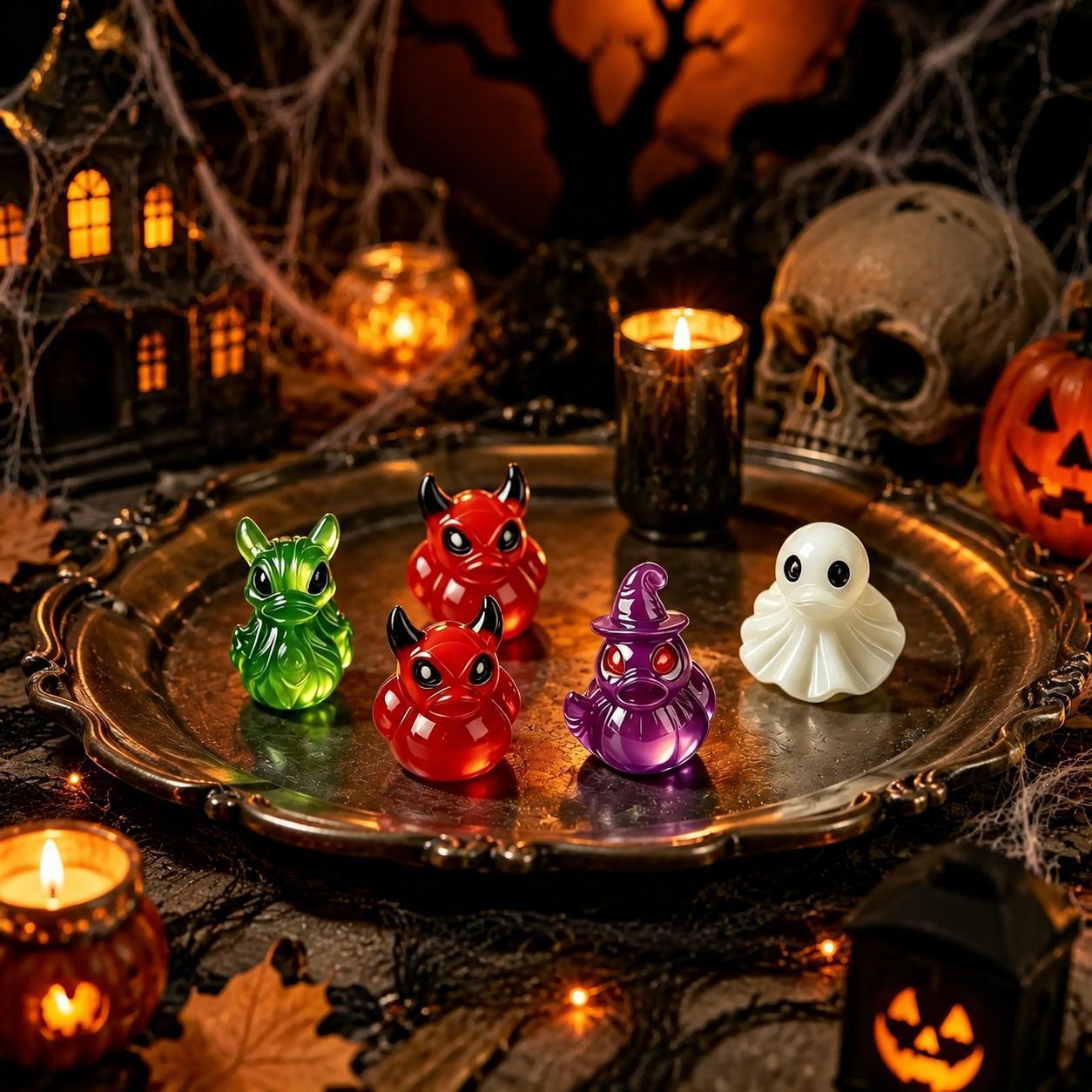 Glow-In-The-Dark Mini Halloween Duck（Devil, Ghost, and Skeleton Designs), Cute Resin Figurine, Spooky Duck Statue, Haunting Desk Decor, Miniature Garden Ornament for Halloween Party Favors