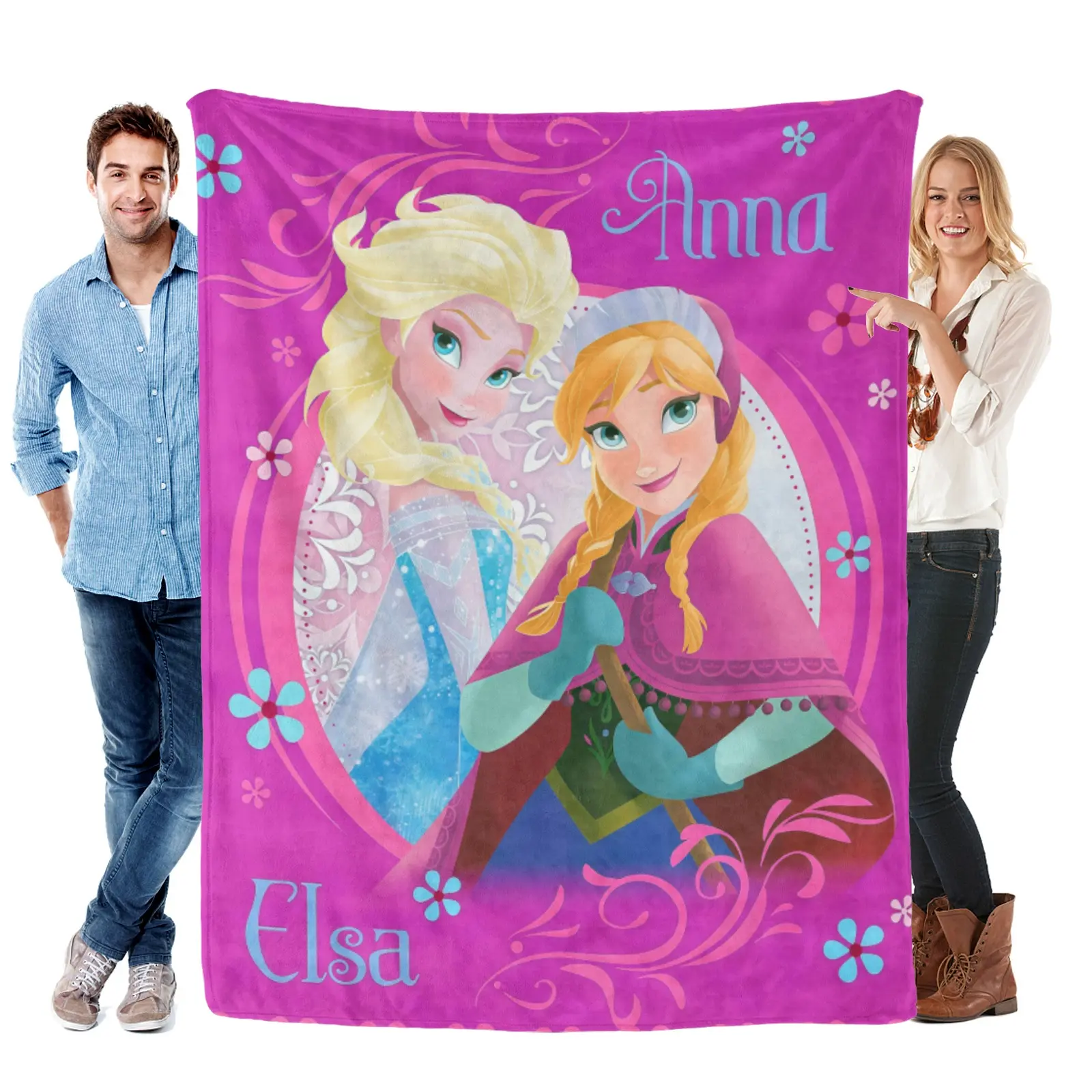 [Summervibes] Disney Frozen Elsa And Anna Magenta Floral Blanket, Plush Flannel For Sofa, Princess Movie Throw Daily Home Decor