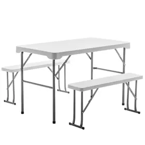 3-Piece set Plastic Portable Folding Beer Picnic Table & two Benches Seats foldable Heavy Duty White for Party RV Patio Dining Event Camping Outdoor Activity Commercial Family Home Garden