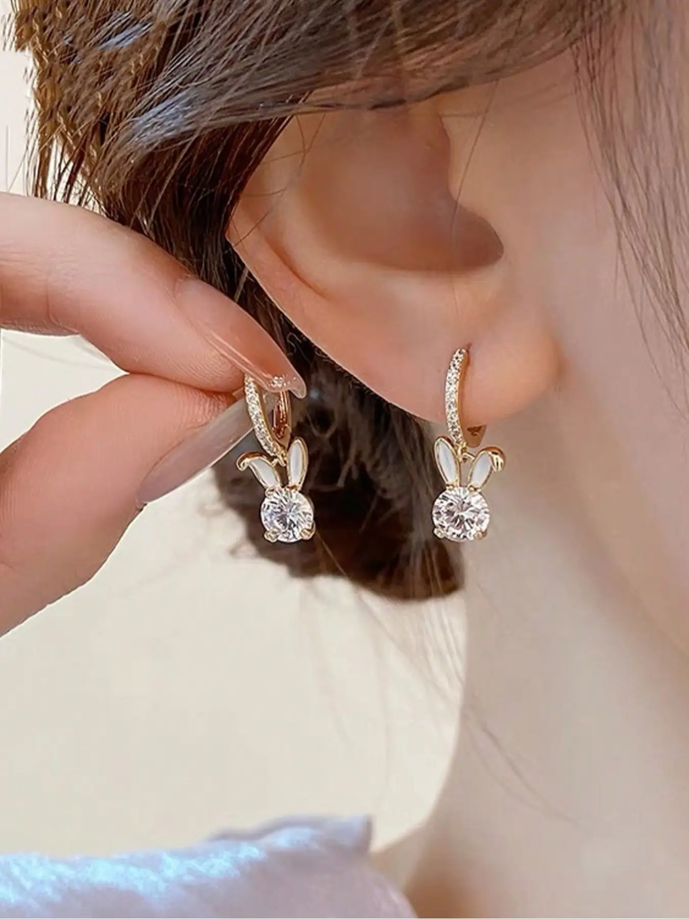 Elegant Rhinestone Bunny Earrings Set, Copper Zirconia Studs for Women, Versatile Party Jewelry, All-Season Accessory