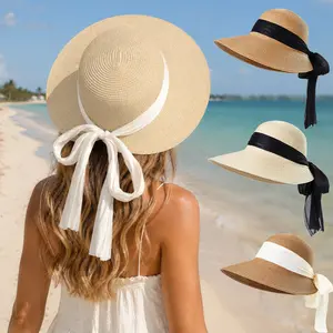 Womens Sun Straw Hat Wide Brim Ribbon Summer Hat Foldable Packable Floppy Foldable Beach Hats for Womem Beach, Travel, Vacation, Pool & Gardening