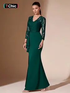 Elegant V-Neck Lace Long Tailored Dress, Women's Slim Fit Split Design, Stylish Formal Evening Wear, Perfect for Parties and Events