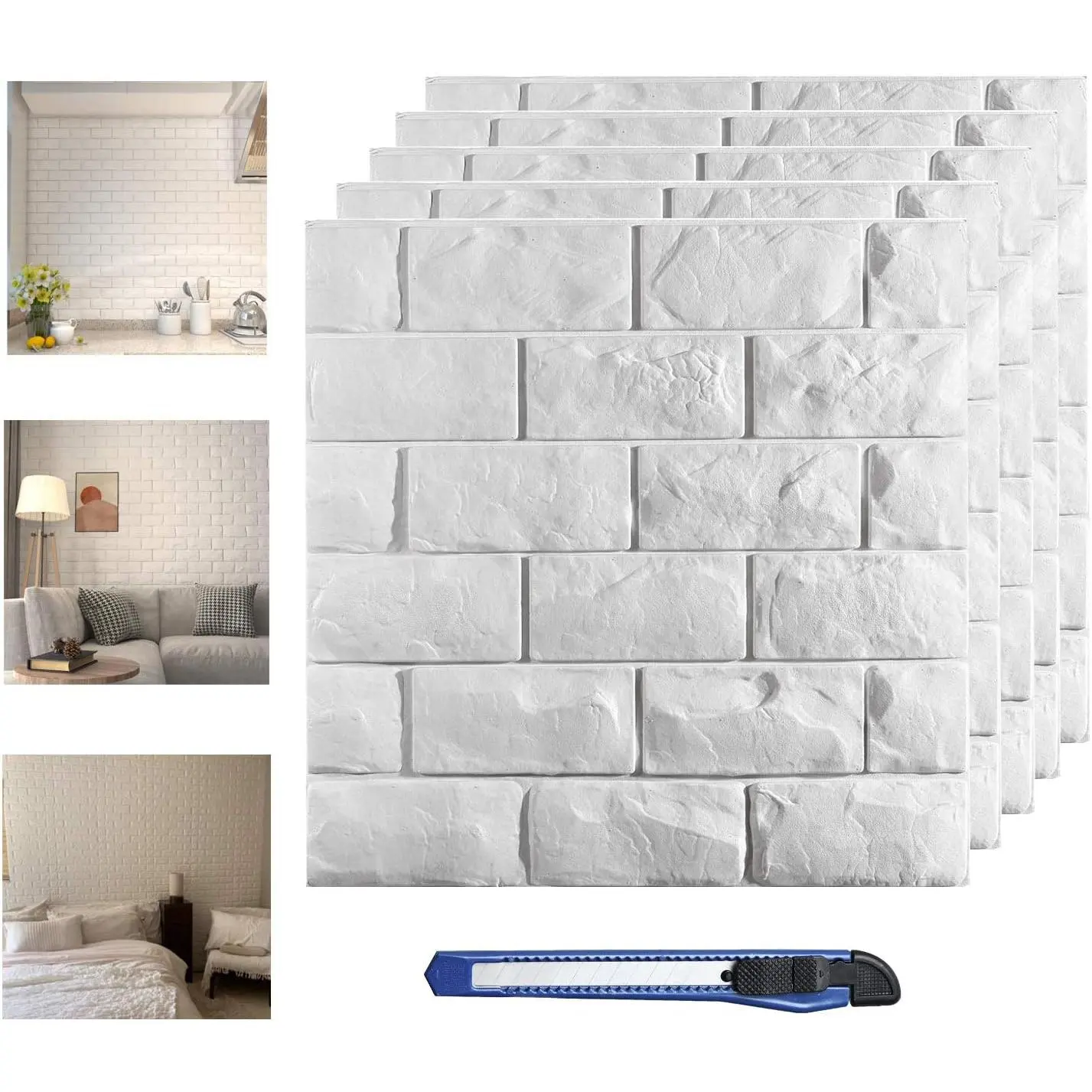 30-Count Self-Adhesive 3D Wall Panels - White Printable Peel-and-Stick Synthetic 3D Effect Faux Brick Paneling, Customizable for Indoor Use (Basement Included), 29.06 sq Coverage, Manufacturer Warranty, Kitchen