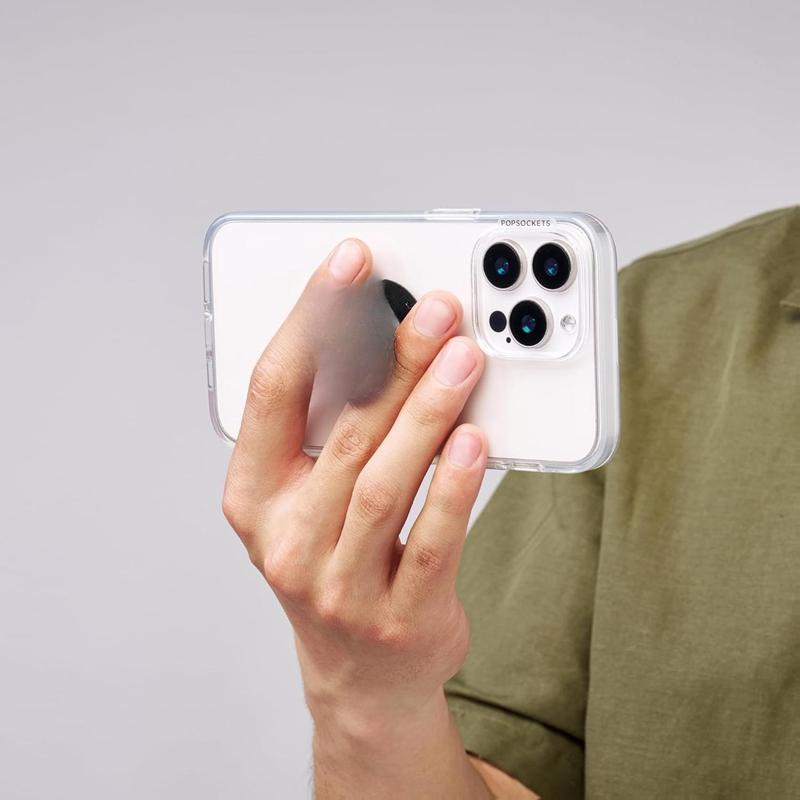 PopGrip Adhesive Grip with Expanding Kickstand for iPhone Samsung & More - Black Polycarbonate PC Material Anti-Drop One-Handed Use Cell Phone Holder