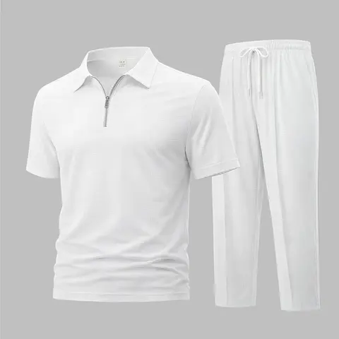 Men's Solid-Color Waffle-Knit Polo Set – Includes Short-Sleeve Zip-Collar Top And Matching Athletic Pants; Casual Sportswear