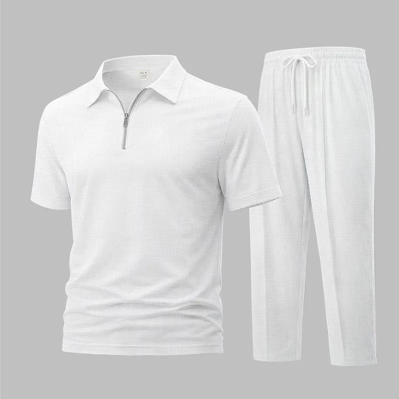 Men's Solid-Color Waffle-Knit Polo Set – Includes Short-Sleeve Zip-Collar Top And Matching Athletic Pants; Casual Sportswear