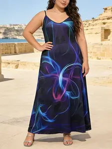 Plus Size Galaxy Swirl Print Sleeveless Adjustable Long Dress, Flowy V-Neck Midi Skirt, Perfect for Summer Vacation, Beach Trip, Evening Party