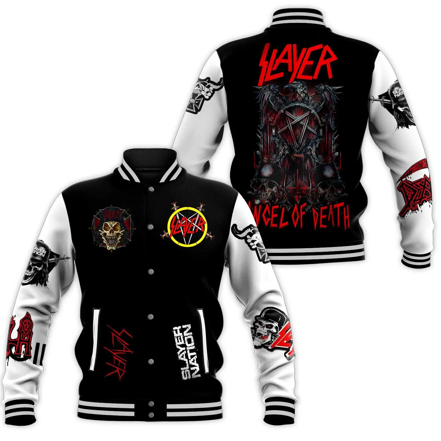 Heavy Metal Band Slayer Pentagram Skull Eagle Graphic Varsity Jacket Angel Of Death Loose Fit Casual Athletic Sports Outerwear Fall Winter Spring Bomber Coat For Fan Concert Attire