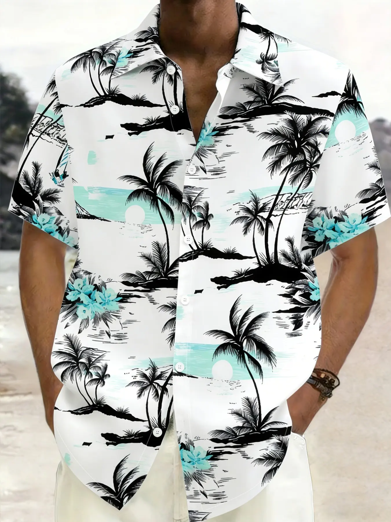 Men's Summer Vacation Tropical Background Palm Tree Blue All Over Printed Floral Print Short Sleeve Shirt, Casual Outdoor Loose Fit Beach Holiday Tee