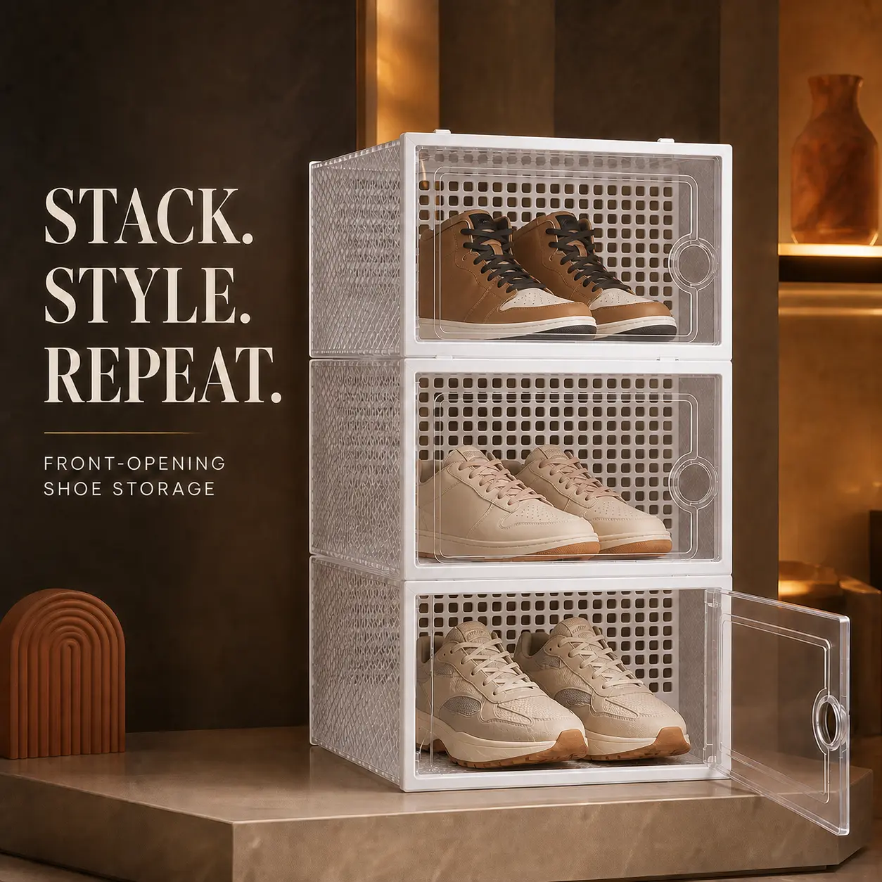 Clear Front-Opening Stackable Shoe Storage Boxes, Modular Ventilated Shoe Organizer with Easy Access, Closet & Entryway Container for Sneakers & Footwear, Multi-Set Options