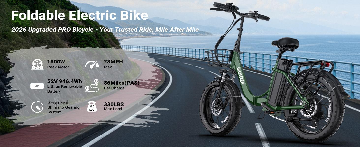 1800W Peak Foldable Fat Tire Commuter E-Bike for Adults, 52V 18.2AH Detachable Battery, Up to 86 Miles Max Range, 20-Inch Fat Tires, 7-Speed, 330 LBS Max Load, UL2849 Certified Smart Ebike 1800W Peak Foldable Fat Tire Commuter E-Bike for Adults, 52V 18.2AH Detachable Battery, Up to 86 Miles Max Range, 20-Inch Fat Tires, 7-Speed, 330 LBS Max Load, UL2849 Certified Smart Ebike