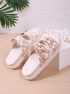 2026 Summer New One-Strap Slippers, Thick Sole Anti-Slip Casual Sandals, PU Upper Rubber Sole, Plain Design, Beach Wear