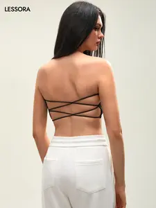 LESSORA Women's Strapless Backless Top Double-Lined Crisscross Design