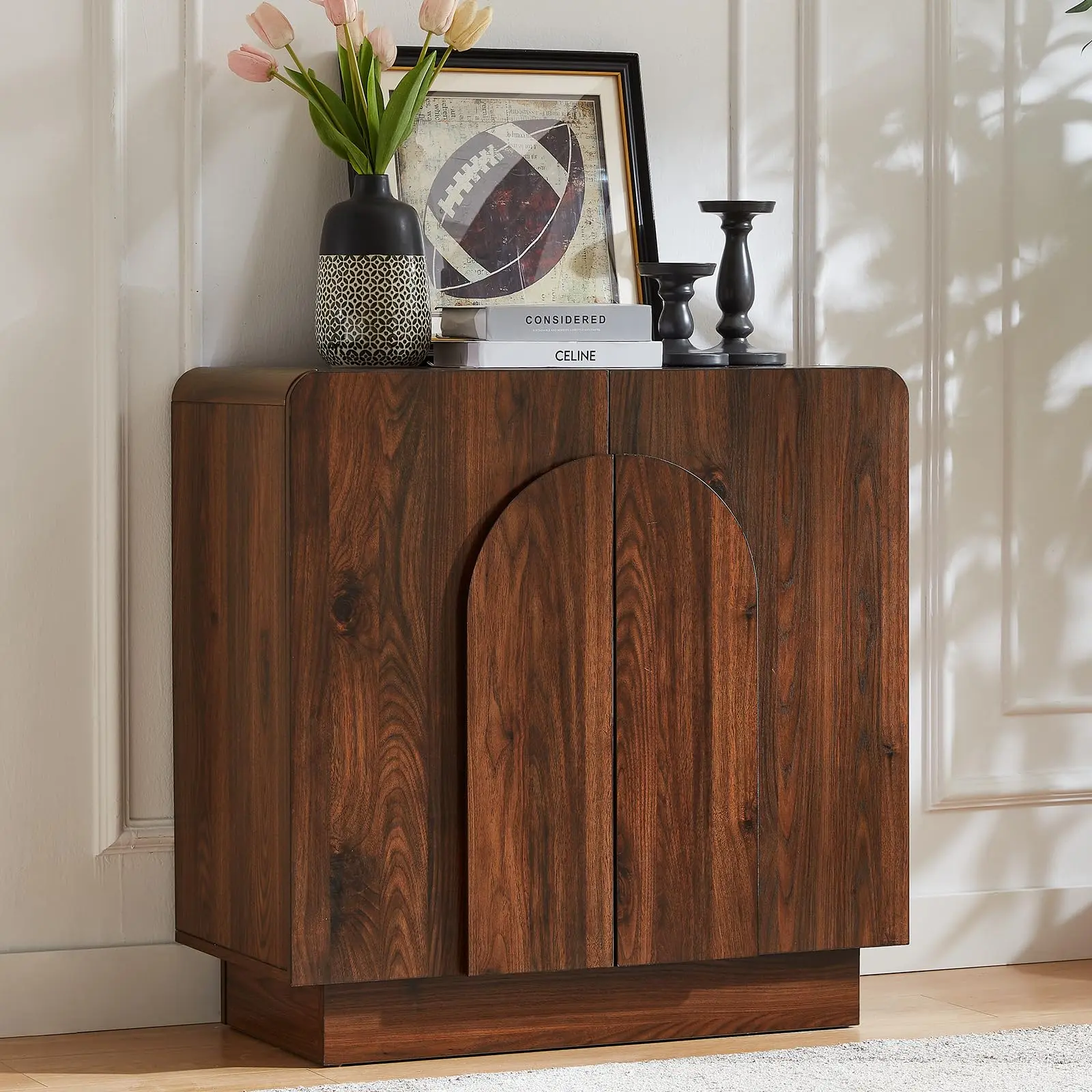 【SummerFinds】ONBRILL Farmhouse Curved Sideboard Buffet Cabinet - Engineered Wood Furniture with Doors, Adjustable Shelves, Reinforced Base, Pre-Labeled Kit, Coffee Bar Station Credenza for Living Room, Kitchen