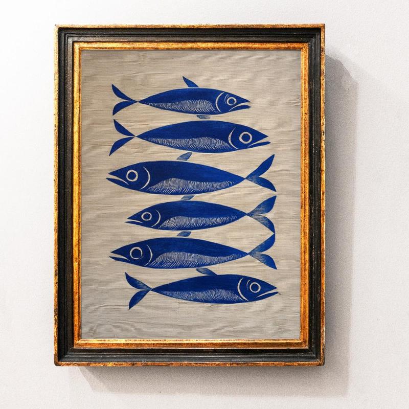 Blue Ink Sardine Striped Painting Wall Art Print, Stripes Trendy Aesthetic Kitchen Art, Sardine Kitchen Art, Antique Fish Art Printable, Unframe