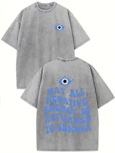 1 PCS GAME.ACE Washed Gray Tee, Evil Eye "May All Negative Energy Be Returned To Sender" Graphic Print, Casual Mystical Streetwear, 100% Cotton Breathable Unisex T-Shirt, Ideal for Daily Wear, Casual Outings, Great Gift for Positive Energy Style Lovers