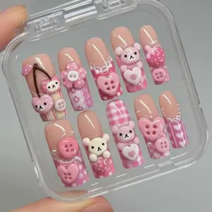 Kawaii Bear Press On Nails, Cute Pink Heart and Button 3D Nail Art, Sweet Girly Handmade Fake Nail Set