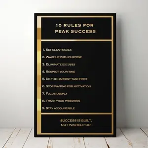 10 Rules for Peak Success Wall Art, Luxury Black Gold Motivational Quote Poster, Success Mindset Modern Office Decor, Inspirational Leadership Artwork
