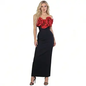 3D Floral Strapless Bandage Maxi Dress, Elegant Bodycon Formal Evening Gown for Women, Red/White