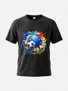 Men's Floral Soccer Print Short Sleeve T-Shirt, Sporty Fitted Design, Ideal for Daily Wear and Outdoor Sports, No Zipper, Without Collar