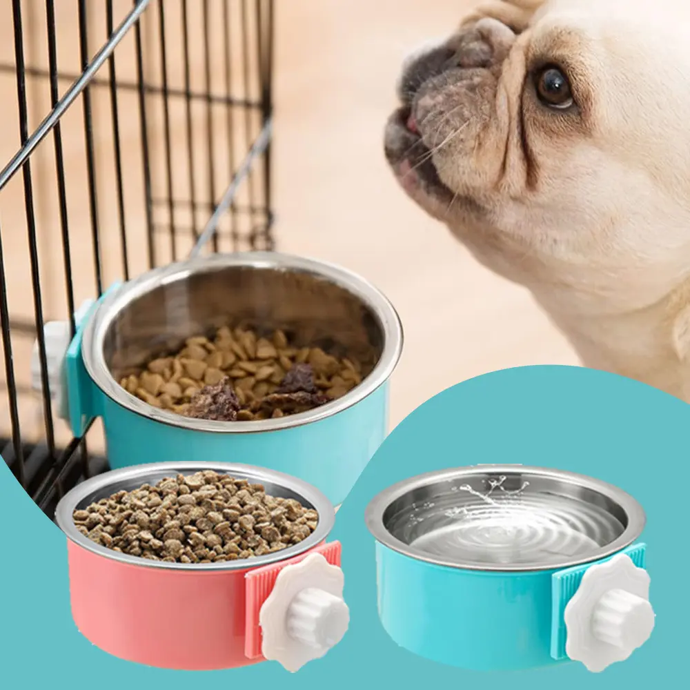 2 Pack Crate Dog Bowl, Removable Stainless Steel Pet Kennel Hanging Food Water Feeder Bowl Cage Coop Cup for Puppy Medium Dog Cat Rabbit Ferret Bird (Blue, Red) ﻿