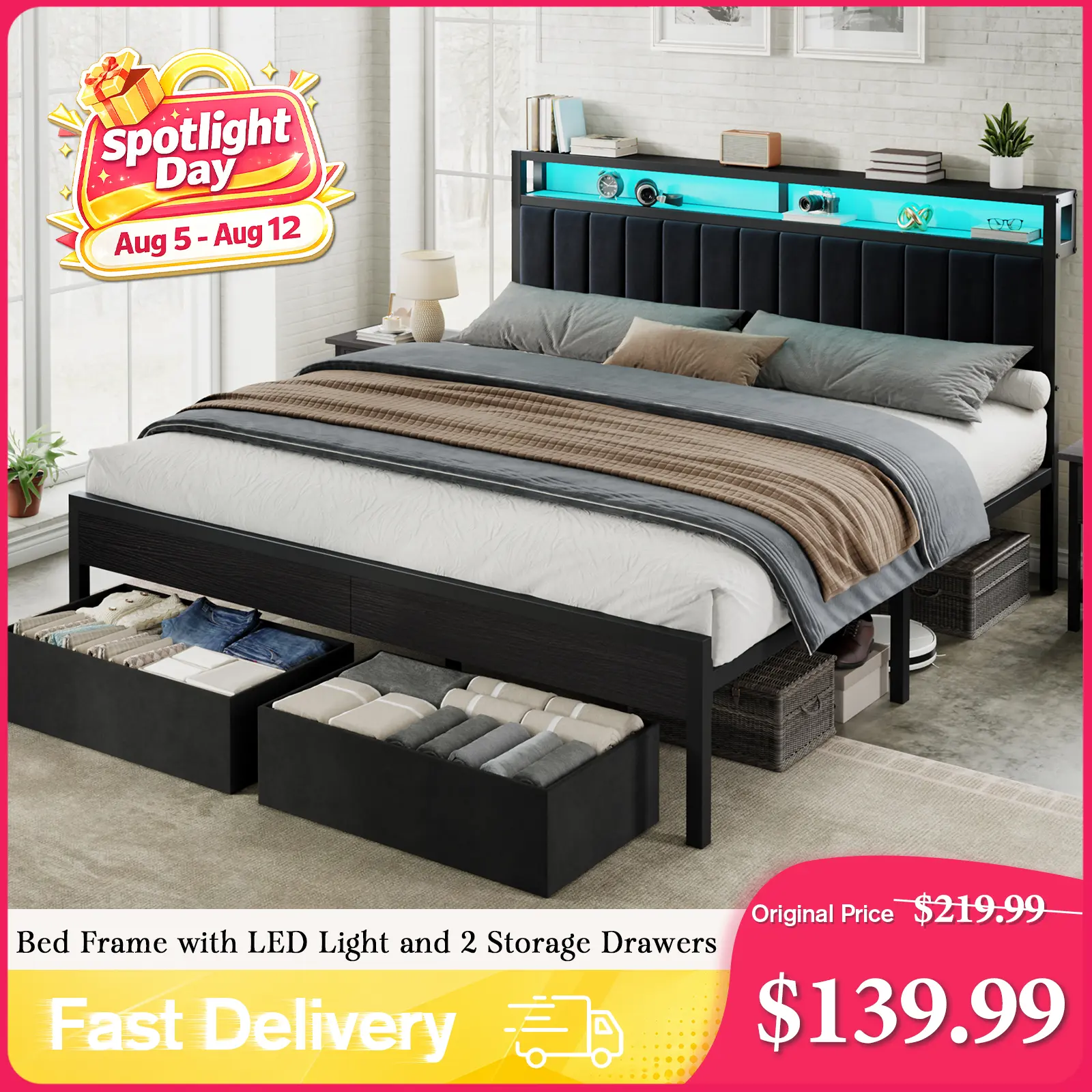 AMERLIFE Bed Frame with LED Light and 2 Storage Drawers, Metal Platform Bed with Storage Headboard, Velvet Upholstered, Heavy-Duty Slats, No Box Spring Needed, Easy Assembly[tiktokshopbacktoschool][SohoChic]