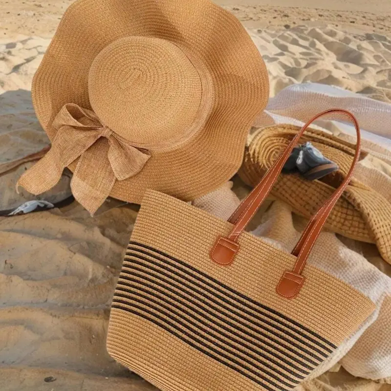 Women's Straw Tote Bag & Wide Brim Sun Hat Set, Trendy Straw Tote, Fashionable Bags, Striped Tote Bag, Large Capacity Shoulder Bag & Versatile Handbag, Beach Purse, Beachy Purse, Getaway Beach Bag, Stylish Wave Sun Hat for Summer, Perfect Gift for Moms