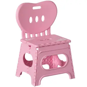 Basicwise  Plastic Foldable Step Stool with Back Support, Heart Shaped Backrest, Portable Chair with Handle, Kids Stepping Stool and Bathroom Stool, Collapsible Step Stool, Pink