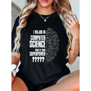 Unisex Computer Science Circuit Board Graphic T - Shirt, Funny "I Major in CS What's Your Superpower" Quote, Casual School & Tech Event Top for CS Majors, Programmers, Tech Enthusiasts