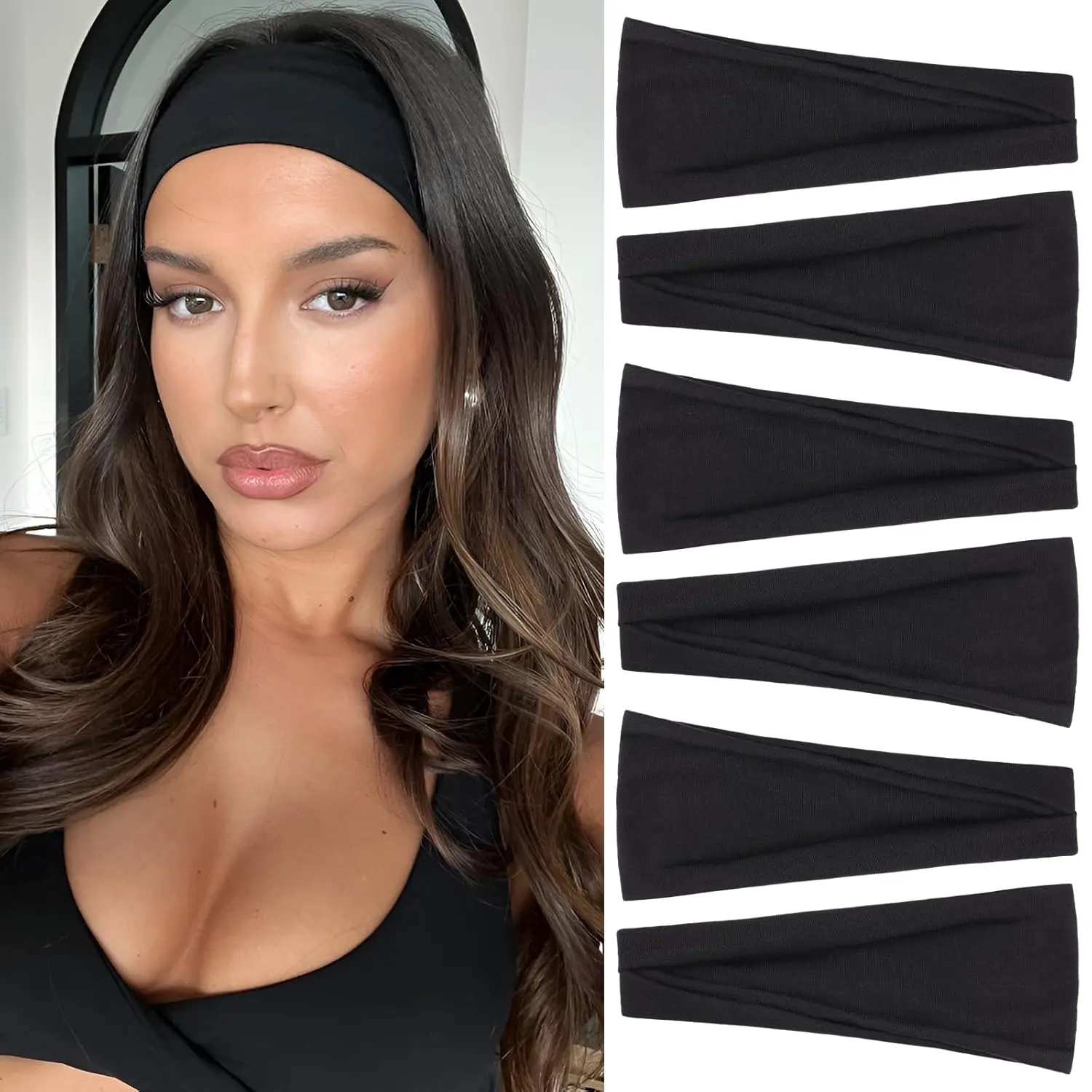 Black Headbands for Women 6 count,Non Slip  Bands Hair Accessories for Securing Hair,Elastic Hairbands for Yoga Workout Every Day