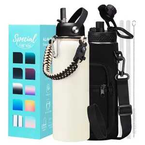 32/40/64/128 oz Insulated Water Bottle with Straw - Chug Lid, (Cold 48h, Hot 24h) Gallon Stainless Steel Flask with Paracord Handle, Storage Pouch with Strap, Metal Jug for School Travel Sports Gym Women