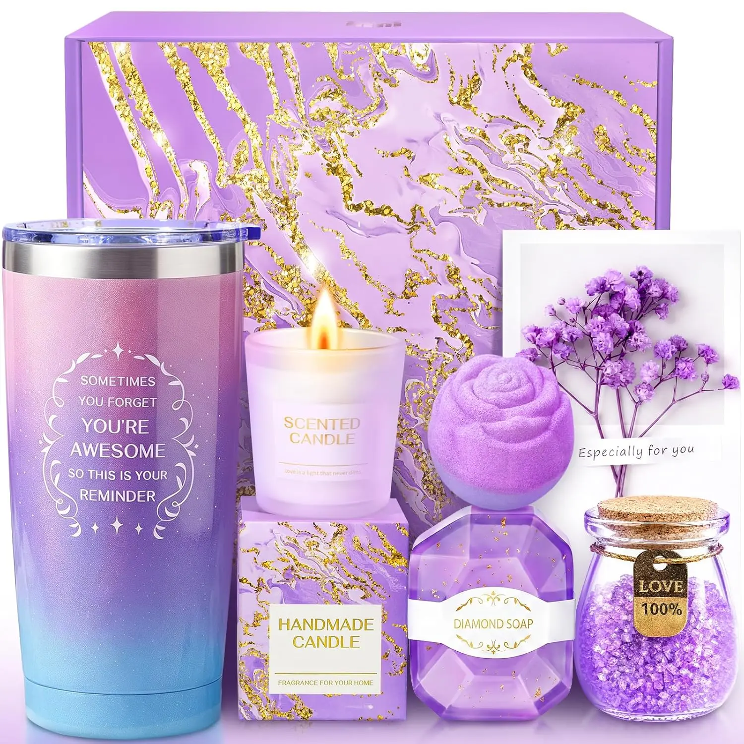 Birthday Gifts for Women, Gift Baskets Set for Mom, Wife, Her, Friend, Teacher, Nurses, Coworker, Self Care Spa Relaxation Baskets Set, Thank You Gift for Women Purple