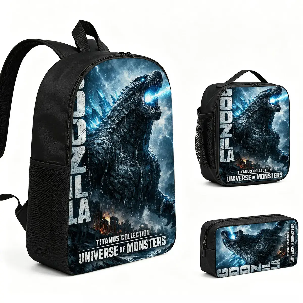 Godzilla Backpack 3pcs Set with Vibrant Print, Durable School Bookbag with Insulated Lunch Tote and Pencil Bag for Teens Boys Girls, Multi-Functional Laptop Travel Daypack Gift for Kids L-55