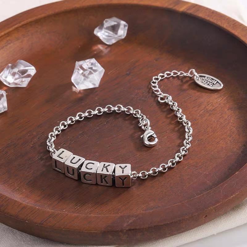925 Sterling Silver Lucky Charm Bracelet: Geometric Cubes with English Letters, Perfect for Everyday and Party Wear
